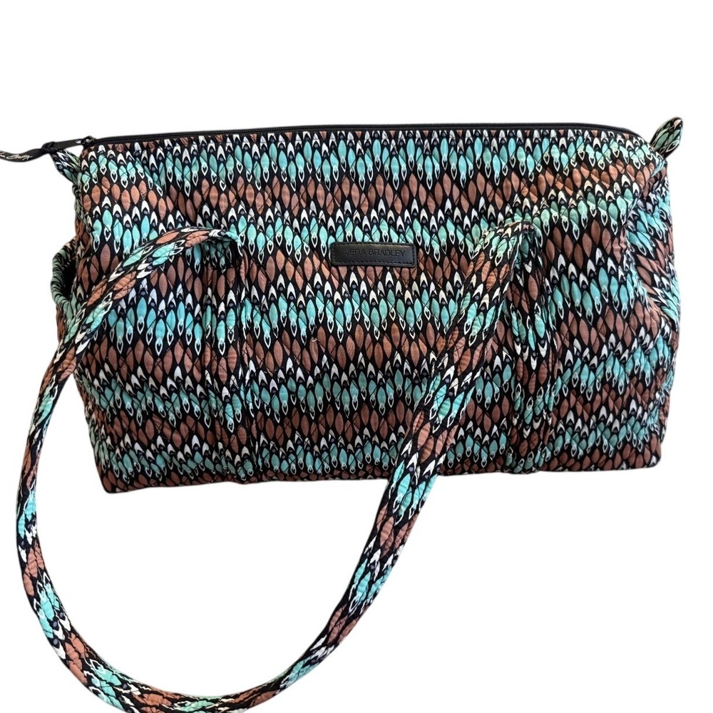 Vera Bradley Quilted Cotton Duffel Bag Teal Brown Geometric Travel Weekender